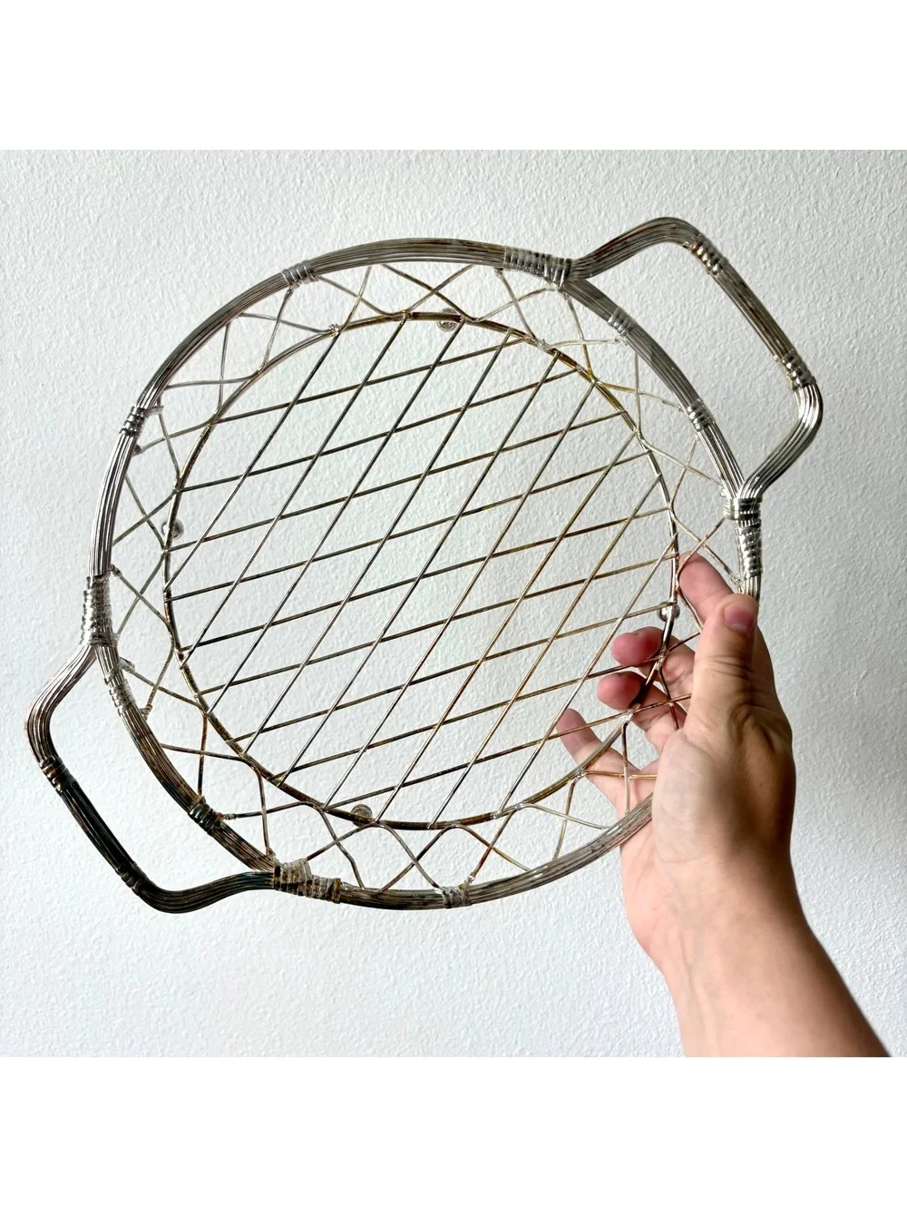 Vintage White Ceramic Casserole Dish Wire Basket Serving Bowl Silver Mid Century